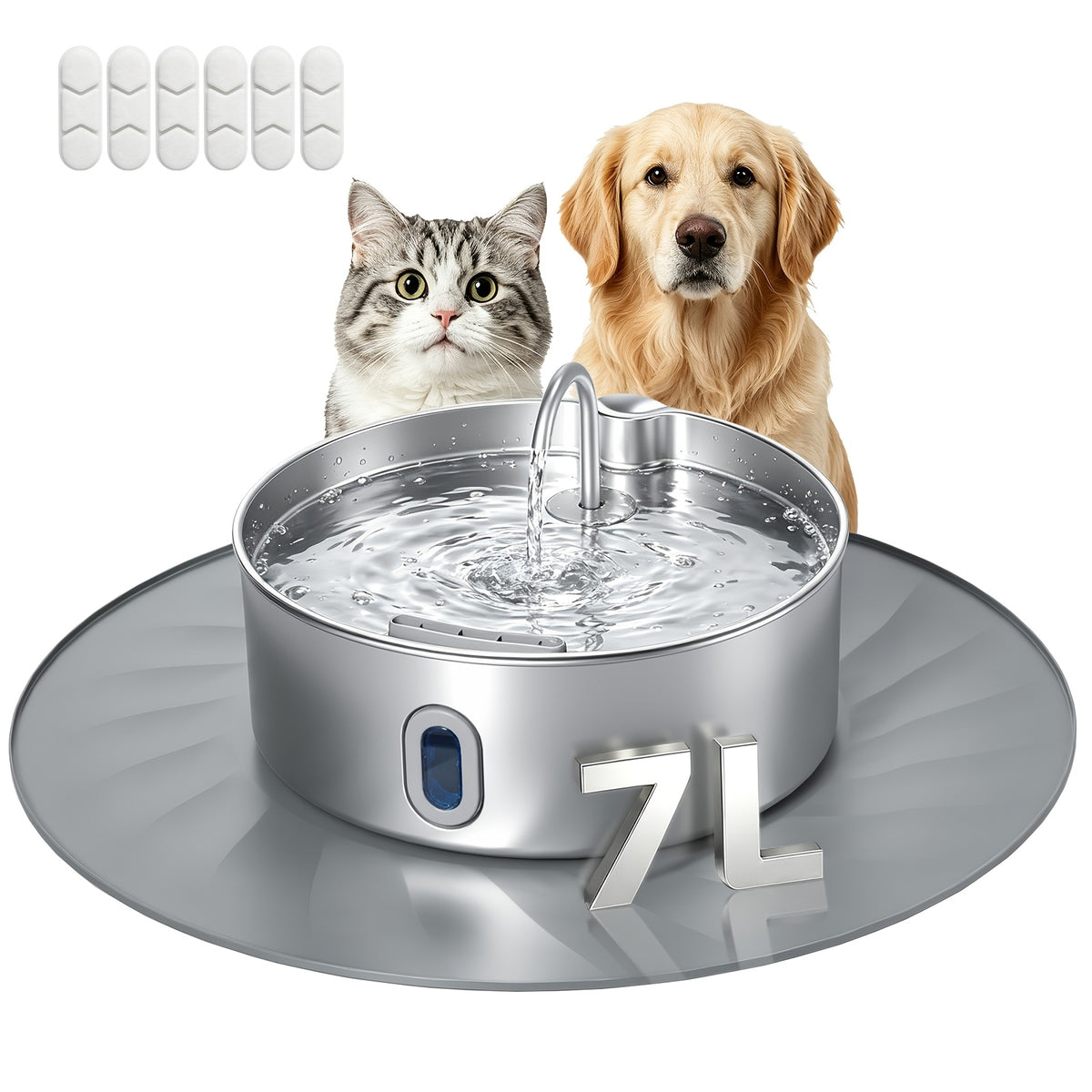 Dog Water Fountain 7L with Flower Head, 304 Stainless Steel Pet Drinking Dispenser with Water Level Window and Filter Bundle Options for Multi-Pet Homes