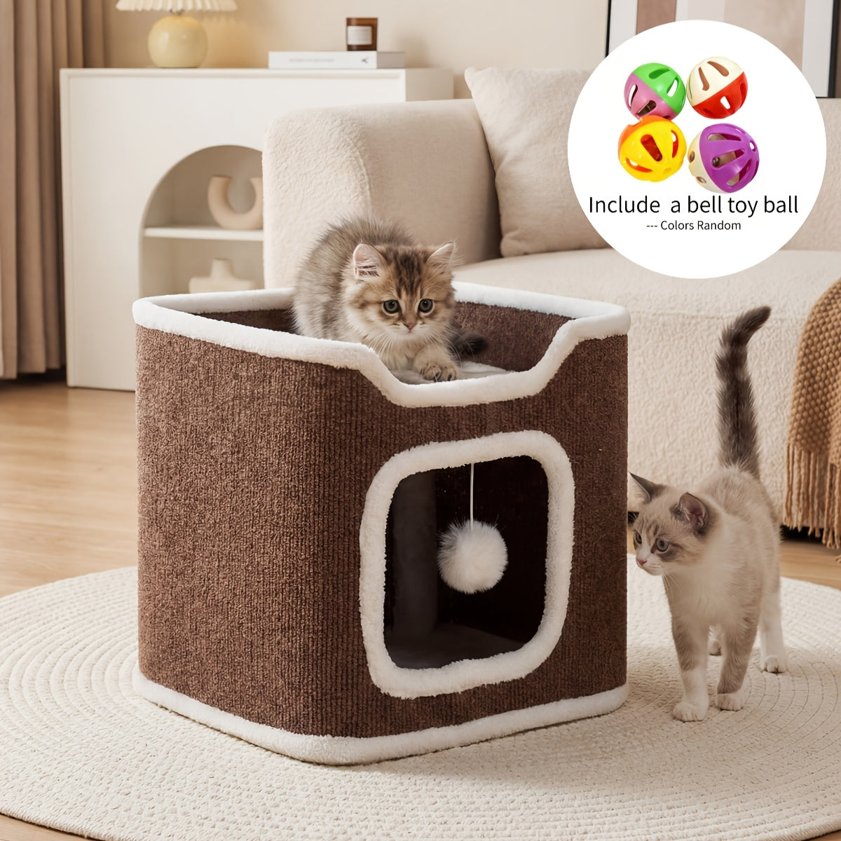 Cat Condo Cube Tower for Indoor Cats, Space-Saving Cat House Bed with Hanging Plush Ball, One to Three Stories in Beige, Coffee or Light Gray
