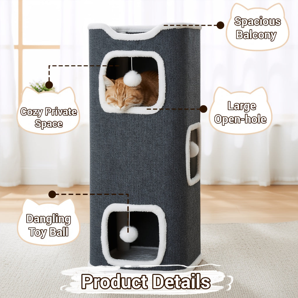 Cat Tree with Three-Layer Foldable Tower, Indoor Cat Condo with Cozy Top Bed, Hanging Ball Toys and Scratch-Resistant Surface for Small Spaces