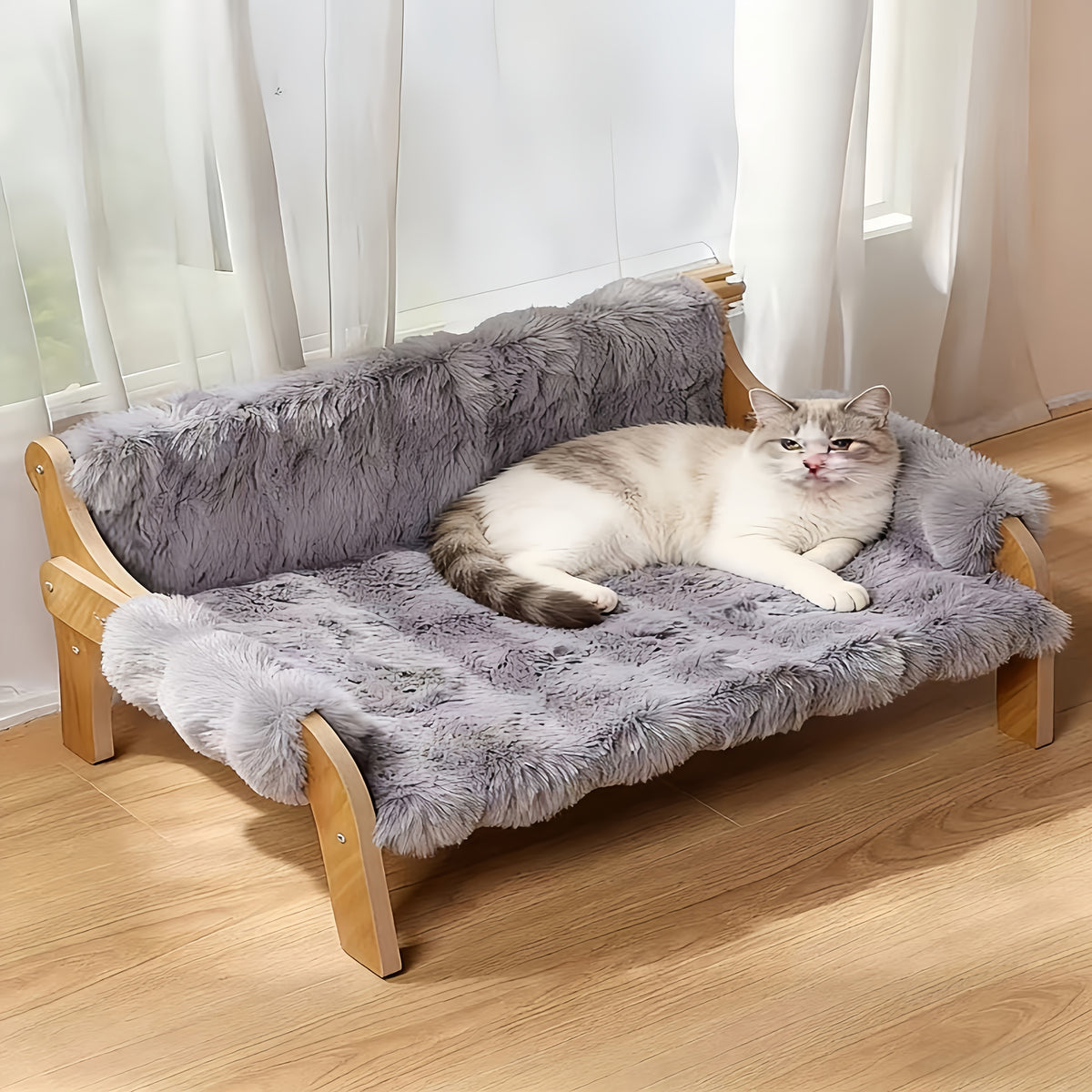 Plush Cat Sofa Bed with Elevated Design, Removable Washable Pet Lounger for Cats and Dogs, Brown Yellow or Grey for Everyday Indoor Rest