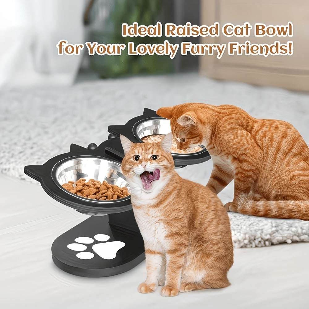 Adjustable Elevated Cat Bowls with 15 Degree Tilt, 2 or 3 Stainless Steel Food and Water Dishes on Black Stand, Standard or Widened Styles