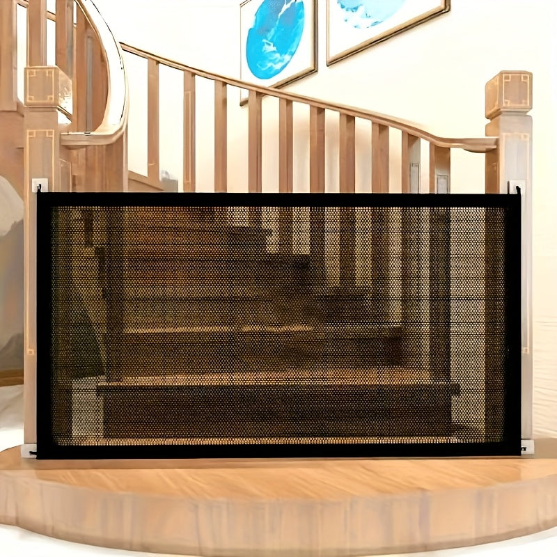 Dog Gate with 6 Hooks, Drill-Free Black Mesh Pet Barrier with Portable Expandable Design for Doorways, Hallways and Indoor Room Separation
