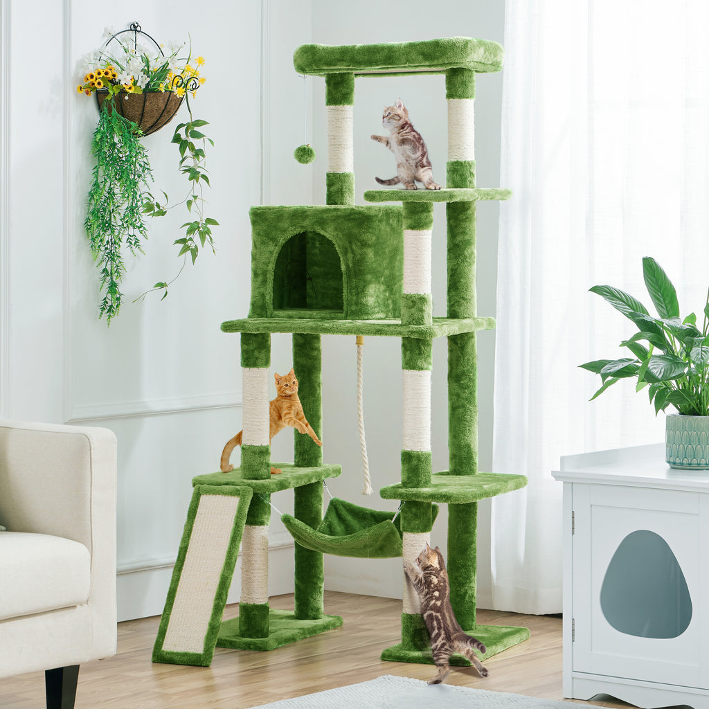 Cat Tree 63 Inch in Green, Multi-Level Indoor Cat Tower with Plush Condos, Hammock, Elevated Perches and Sisal Scratching Posts