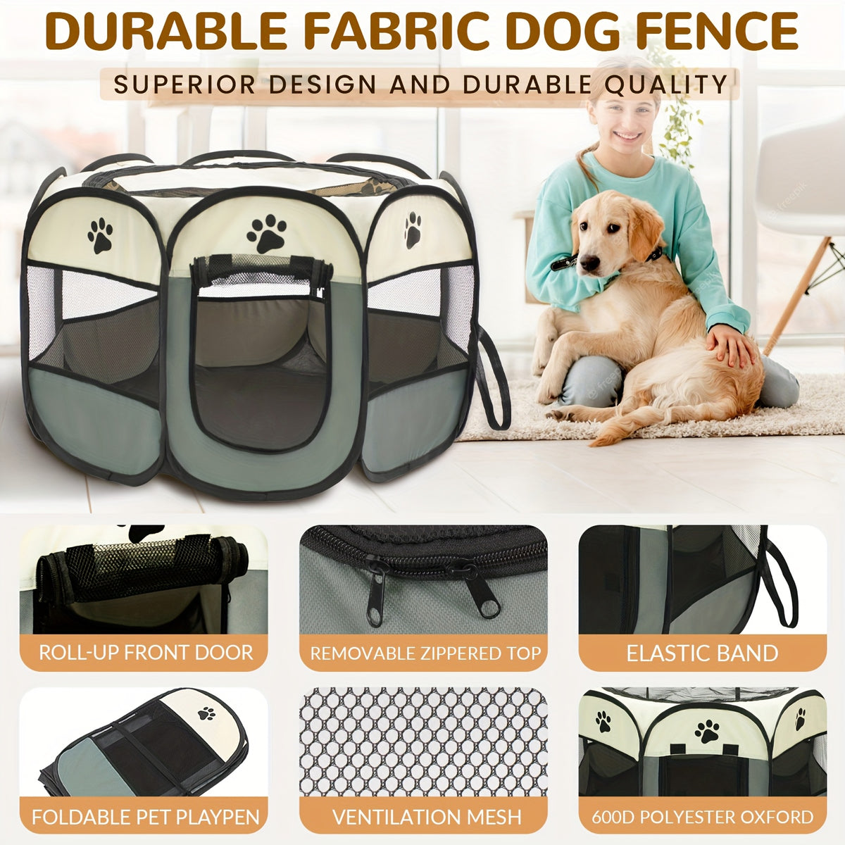 Collapsible Pet Playpen with Mesh Windows and Removable Zipper Top, Octagonal Oxford Fabric Enclosure for Dogs and Cats, Gray or Brown Indoor Outdoor Pen