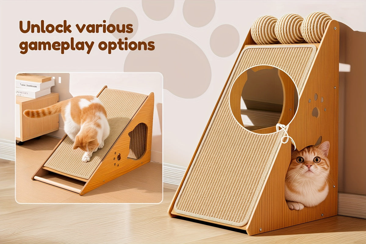 Cat Scratching Board with Sisal Pads and 3 Teaser Balls, 27-Inch Listed Indoor Cat Scratcher for Everyday Claw Scratching and Interactive Play