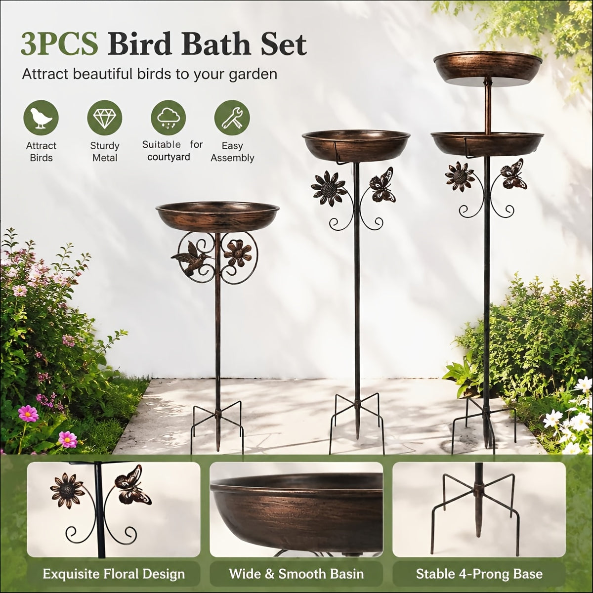 Bronze Metal Bird Bath with Flower and Butterfly Accents, Five-Prong Ground Stake Garden Basin with Single Layer and Set Options for Outdoor Yard Decor