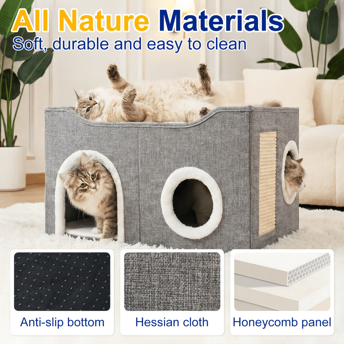 Foldable Cat House with Double-Layer Enclosed Bed and Sisal Scratching Feature, Grey Indoor Cat Hideaway with Multiple Openings for Small Spaces