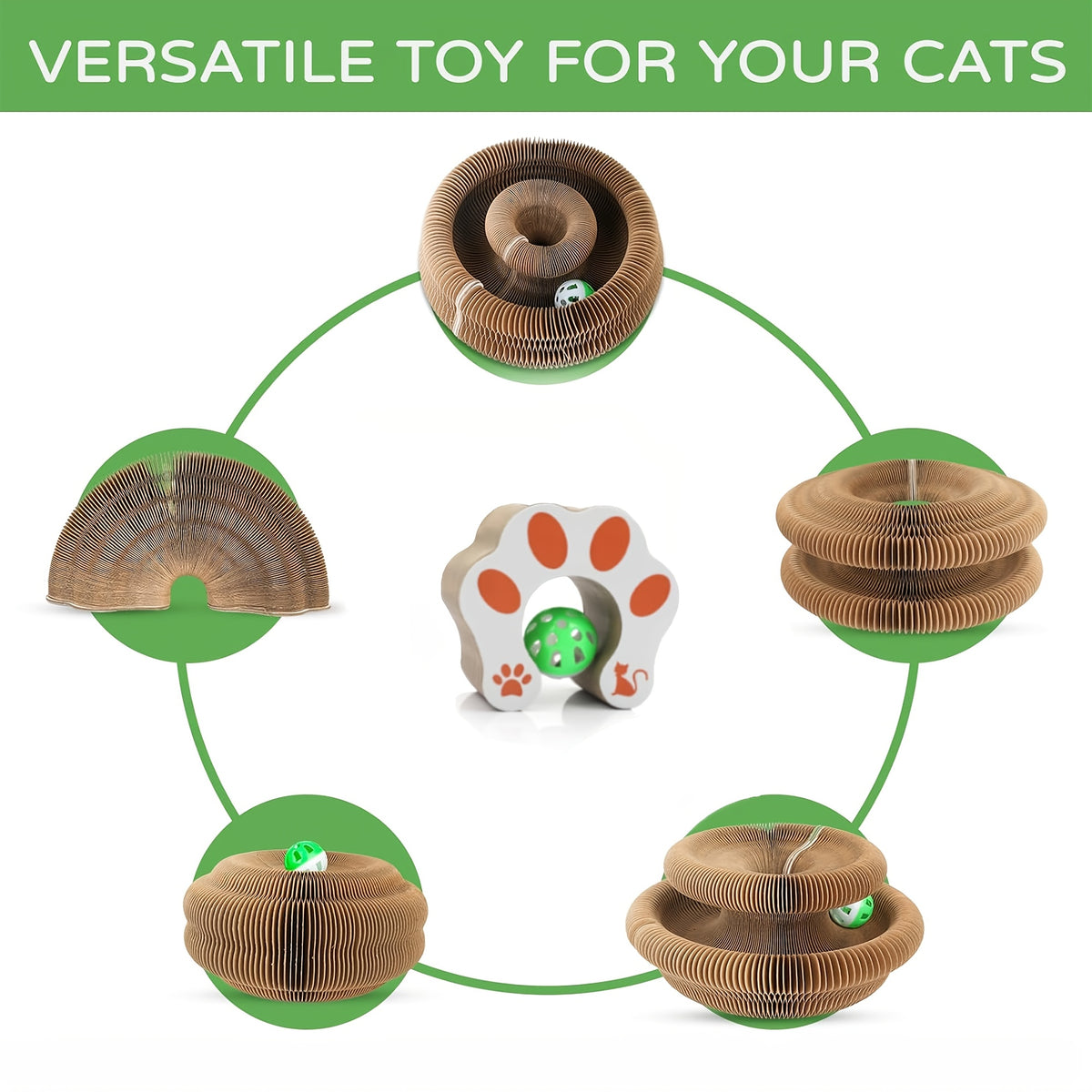 Expandable Cat Scratcher Toy 2-Pack, Curly Corrugated Cardboard Scratching Board with Ball for Indoor Cats, Retractable Scratch Pad for Daily Play