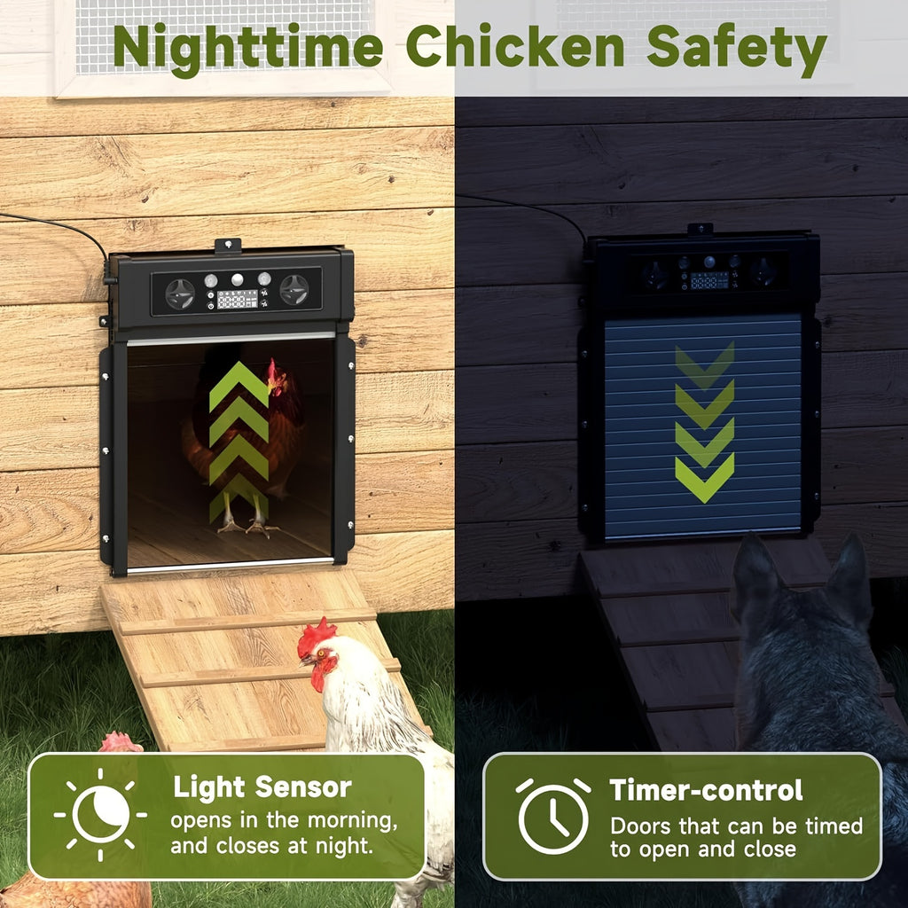 Solar Automatic Chicken Coop Door KA-200 with Timer and Light Sensor, Aluminum Alloy Poultry Door with Remote Control and 4000mAh Battery
