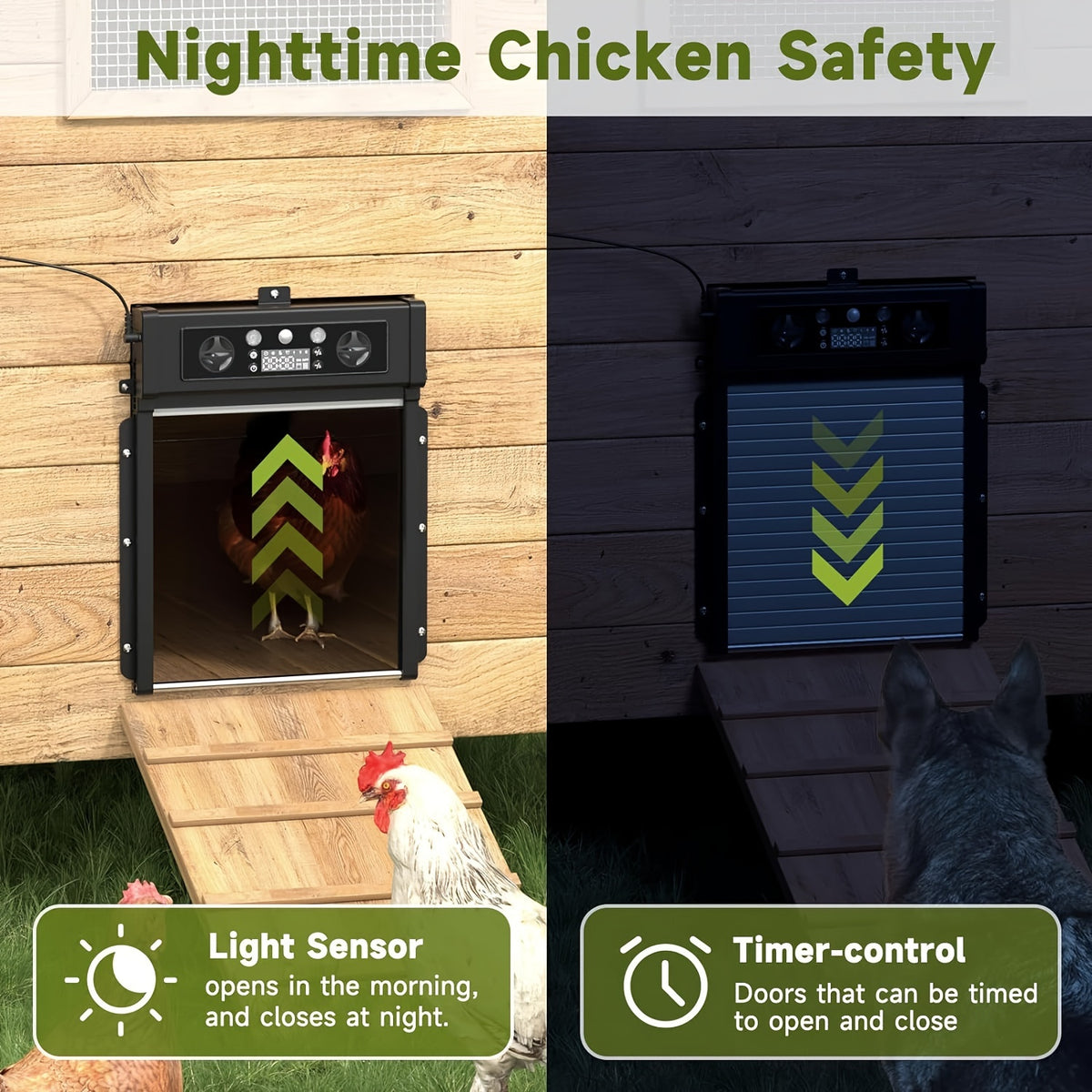 Solar Automatic Chicken Coop Door KA-200 with Timer and Light Sensor, Aluminum Alloy Poultry Door with Remote Control and 4000mAh Battery