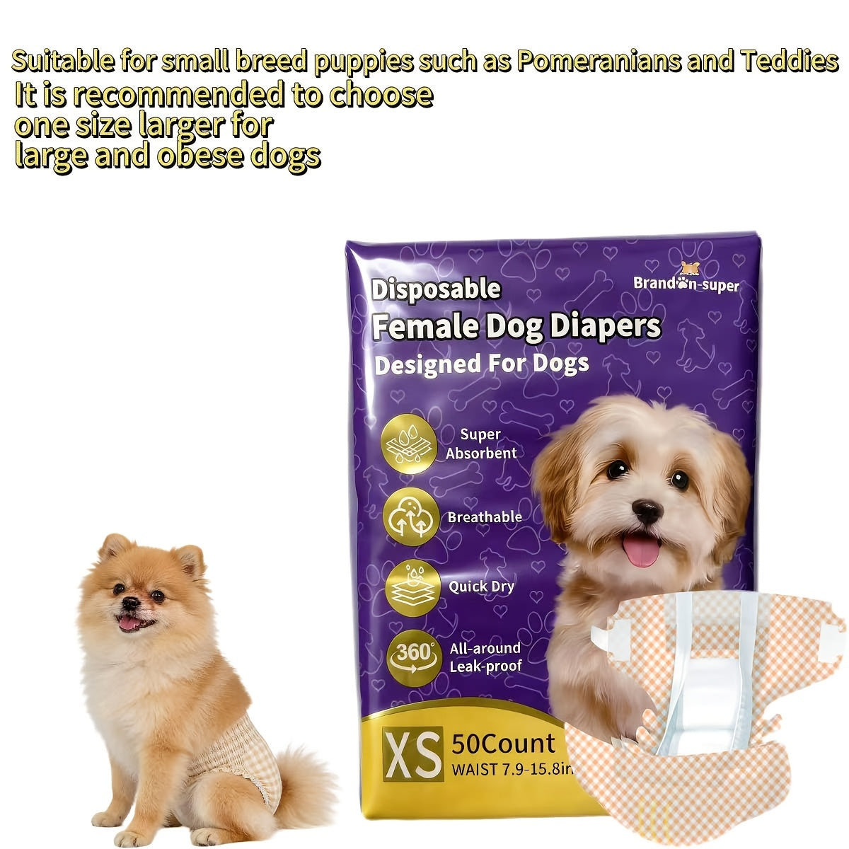Absorbent Disposable Dog Diapers 50 Pack, Male and Female Style Options in XS to L for Puppies, Senior Dogs and Everyday Accident Care