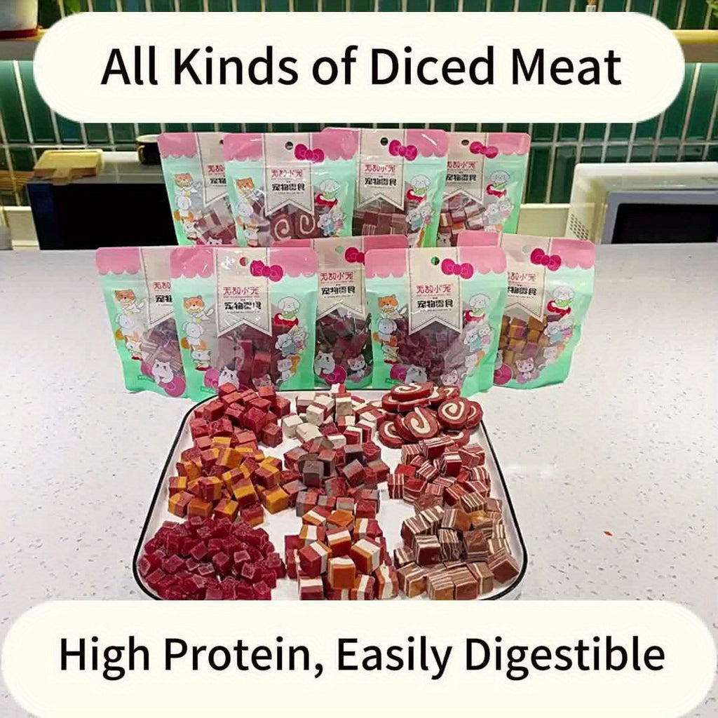 Diced Meat Dog Treats, Soft Chewy Training Reward Bites with Seven Flavor Options for Small, Medium and Large Dogs, 100g to 800g Packs