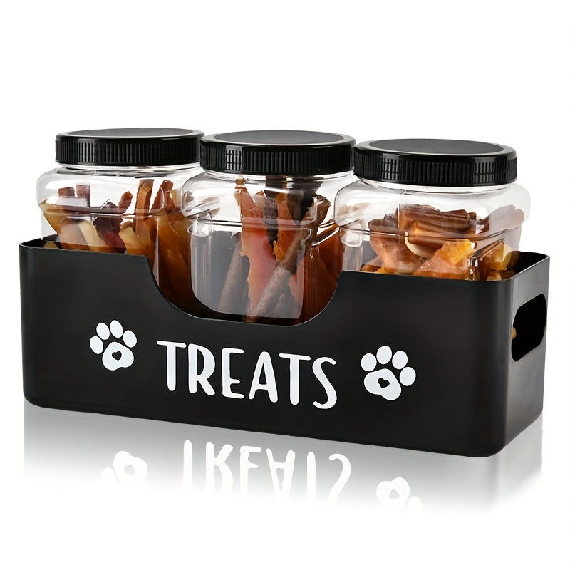 Dog Treat Canister Set with 3 Airtight Plastic Jars and Black Farmhouse Holder, Pet Snack Storage for Cat and Dog Feeding Area Organization