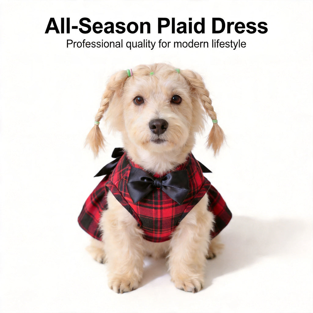 Plaid Dog Dress with Bow for Dogs and Cats, Red Academic Style Pet Outfit in XS–XXL with Random Poop Bag Dispenser and 4 Bells