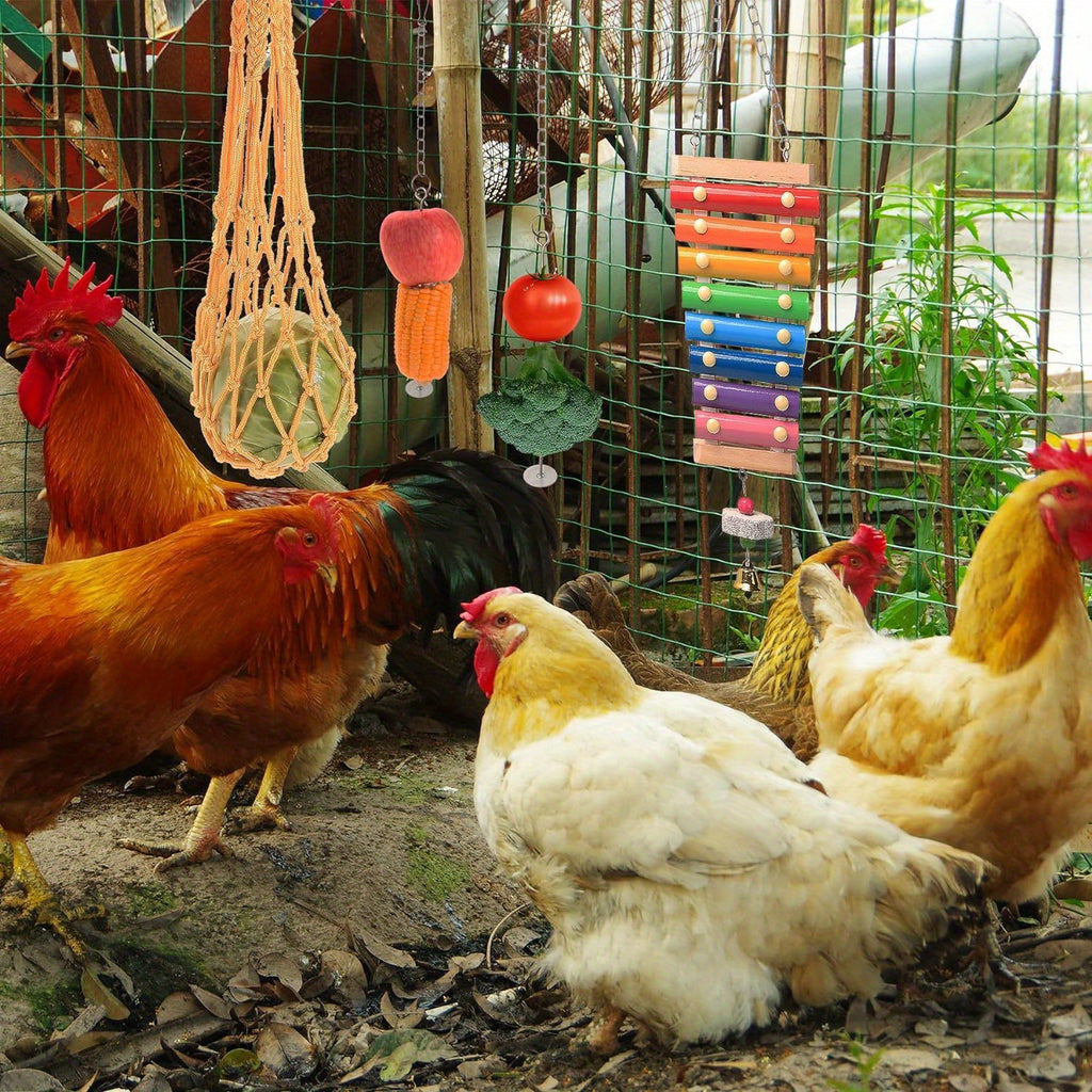 Chicken Enrichment Toys with Xylophone, Mirror, Ladder Bridge and Swing, 5 or 9 Piece Hanging Coop Accessory Sets for Backyard Hens and Poultry Play