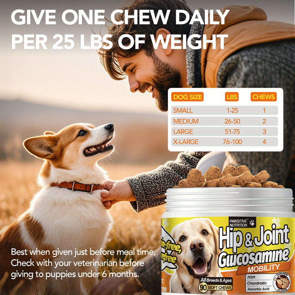 Dog Hip and Joint Supplement Chews, Chicken Flavor with Glucosamine, Chondroitin, Alaskan Salmon Oil and MSM, 90 Count Listing with One or Two Bottle Options