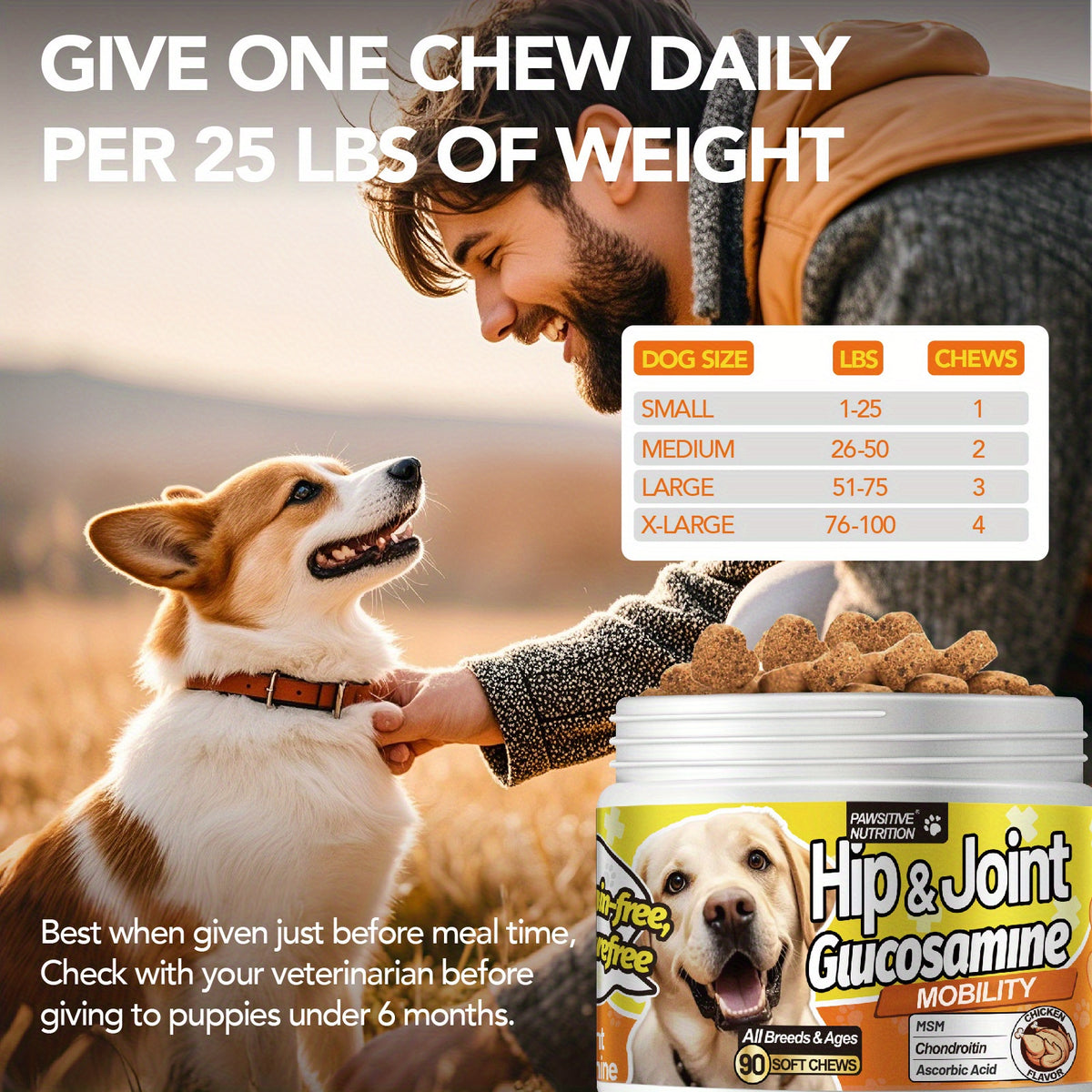 Dog Hip and Joint Supplement Chews, Chicken Flavor with Glucosamine, Chondroitin, Alaskan Salmon Oil and MSM, 90 Count Listing with One or Two Bottle Options