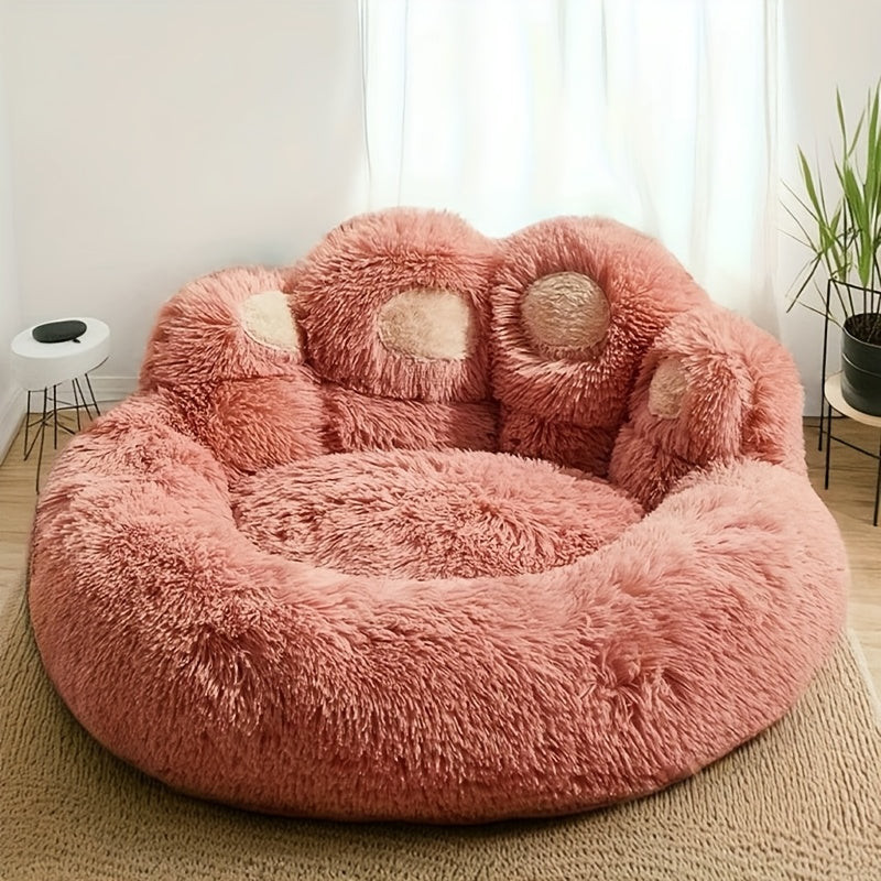 Plush Dog Bed with Bear Paw Design, Washable Fluffy Pet Sleeping Cushion with Raised Edges, 60–90 cm Sizes in Coffee, Pink and Gray