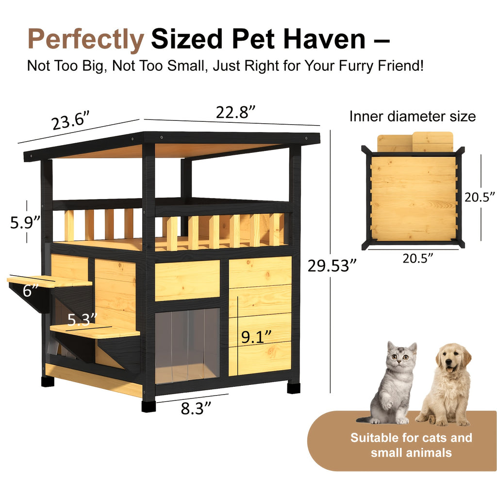Two-Story Wooden Cat House in Yellow and Black, Indoor Pet Shelter and Apartment for Everyday Rest, Listed for Small and Medium Pets
