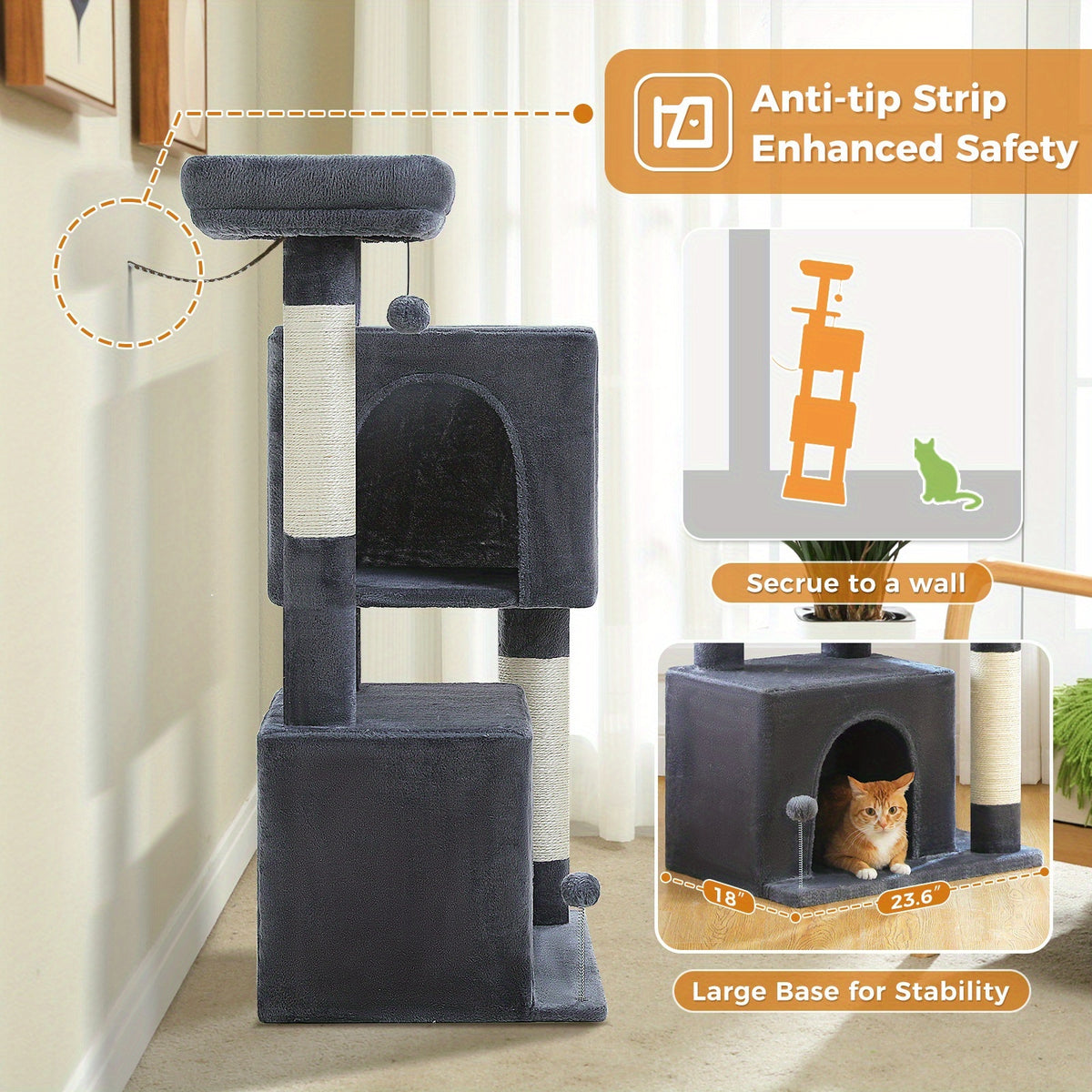 Cat Tree with Two Spacious Condos, 31.5 or 44 Inch Indoor Cat Tower with Washable Top Perch, 3.4 Inch Thick Scratching Posts and Two Play Toys