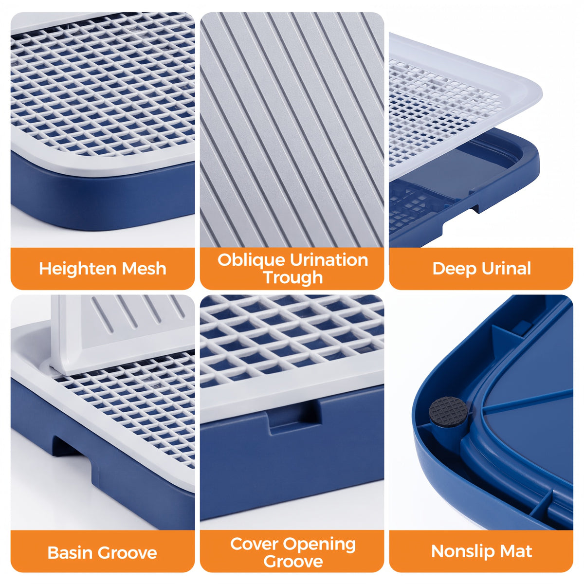Dog Potty Tray with Splash Guard and Removable Grating, Indoor Puppy Training Toilet with Non-Slip Base in Blue-Gray or White and Gray