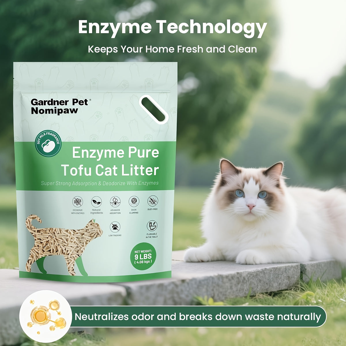 Enzyme Tofu Cat Litter with Light Soy Milk Scent, Plant-Based Clumping Low-Tracking Pellets for Indoor Cats, 9 lb Bag or 18 lb Two-Pack
