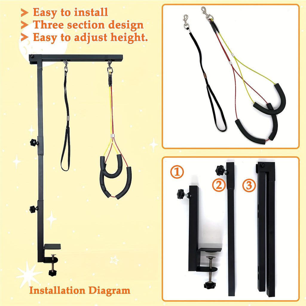 Dog Grooming Arm with Clamp, Adjustable 36-Inch Iron Three-Section Stand with No-Sit Haunch Holder and Ropes for Small and Medium Dogs and Cats