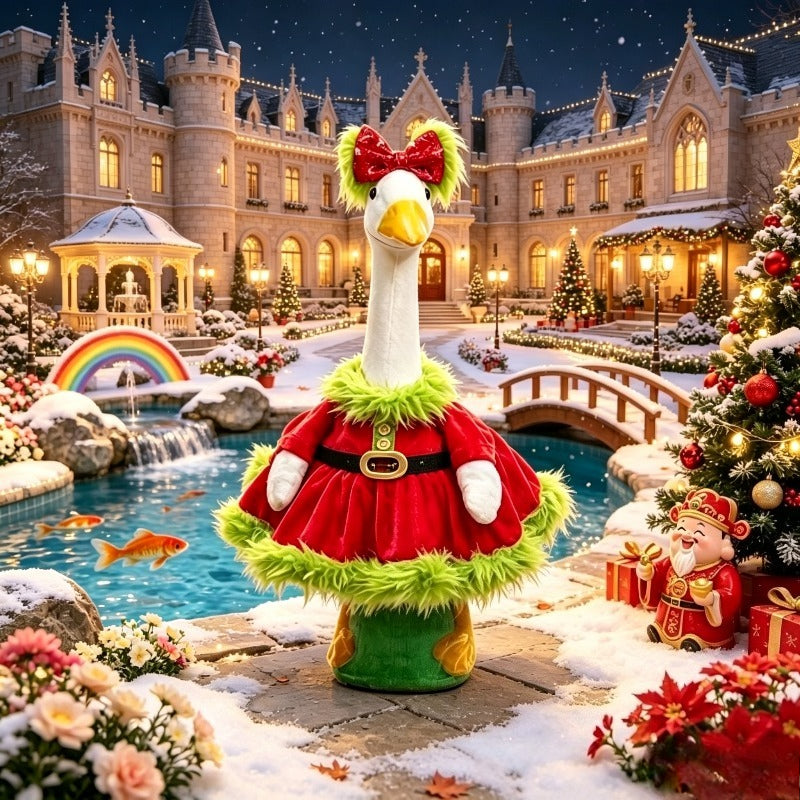 Red Sequin Bow Porch Goose Costume for 23-Inch Decorative Goose, Christmas Holiday Outfit with Green Plush Detail for Seasonal Entryway Decor
