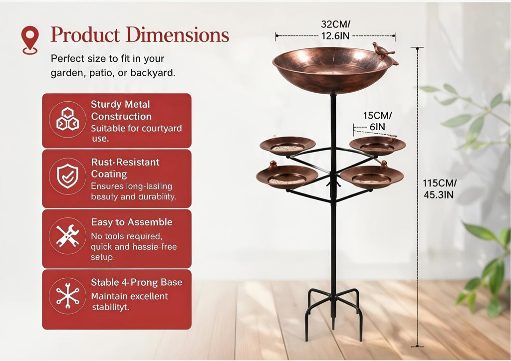 Tree-Shaped Bird Bath in Copper Color, Double-Layer Outdoor Water and Feeding Basin Design with Five-Claw Base for Garden, Yard and Courtyard Decor