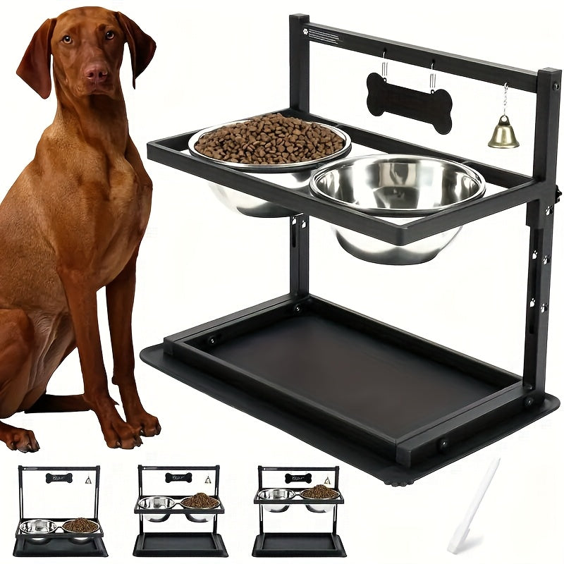 Adjustable Elevated Dog Bowl Stand for Small and Medium Dogs, Black Metal Raised Feeding Station with Two Stainless Steel Food and Water Bowls