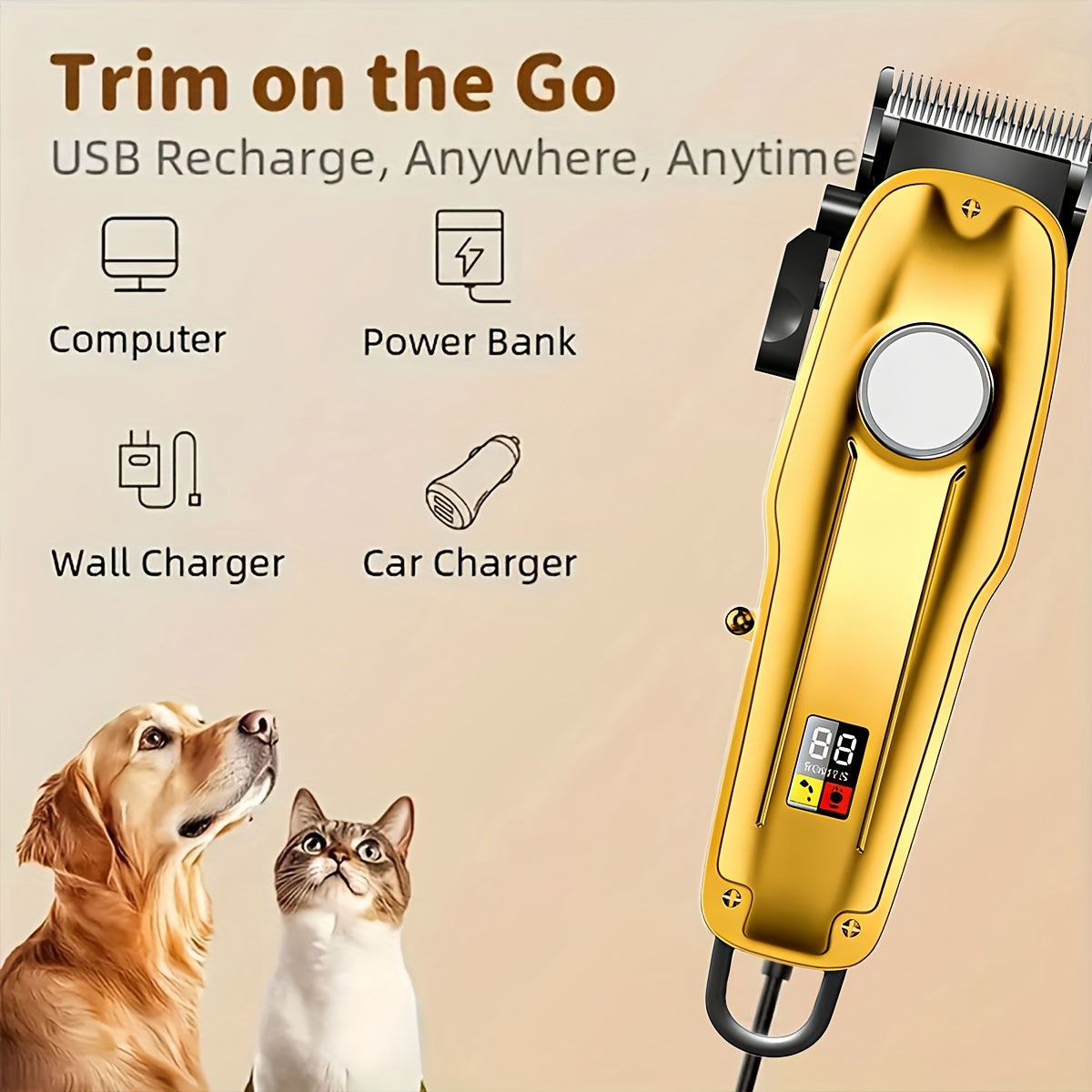Dog Clippers for Grooming Professional Kit, Low-Noise Rechargeable Pet Hair Trimmer with 4 Guide Combs, Taper Lever, USB Charging and LED Display for Dogs and Cats