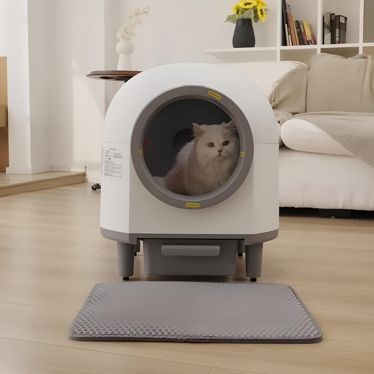 Self Cleaning Litter Box with 90L Interior and 10L Waste Drawer, App-Controlled White Automatic Cat Toilet with Entry Step and Litter Mat