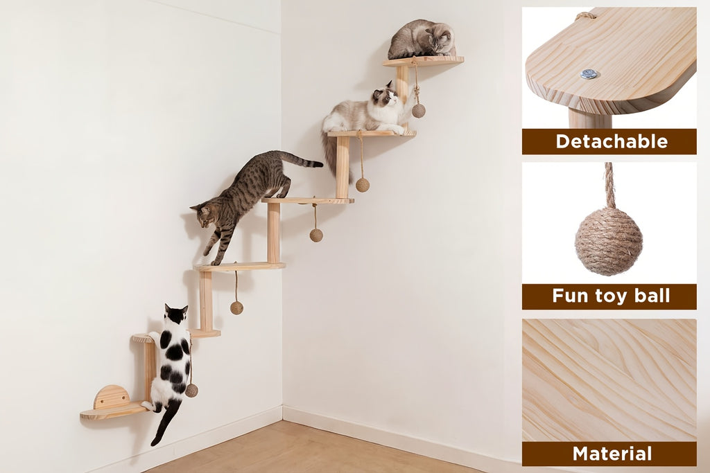 Modular Cat Wall Shelves 6-Piece Set with 5 Toy Balls, DIY Wall-Mounted Cat Tree Furniture for Indoor Climbing, Resting and Scratching