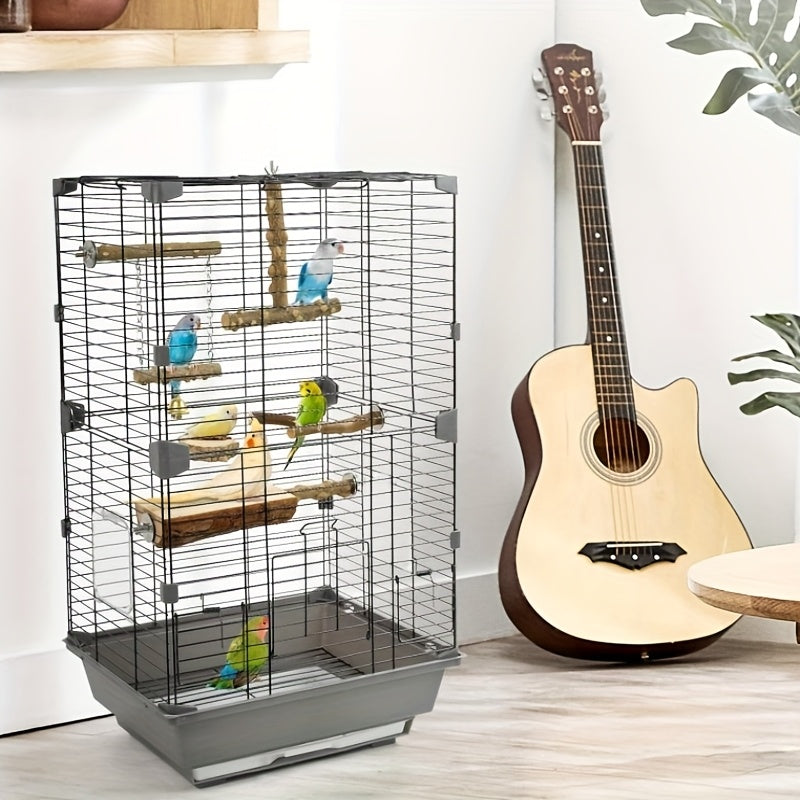 Parrot Perch Set 6 Pieces in Sichuan Pepper Wood, Bird Swing and T-Shaped Platform Combination for Supervised Perching and Cage Exploration