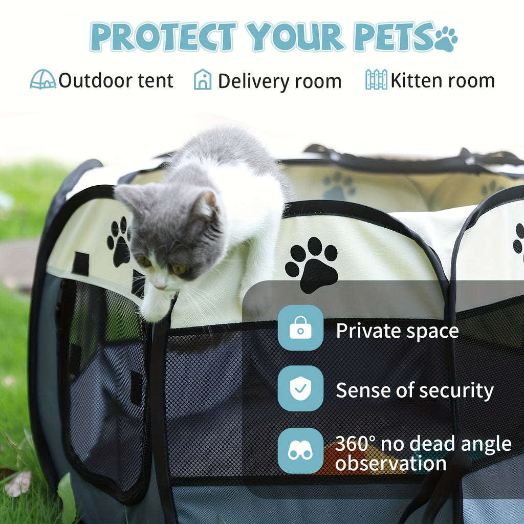 Foldable Puppy Playpen for Dogs and Cats, Octagonal Oxford Cloth Pet Tent in Blue or Off White for Supervised Indoor Rest and Outdoor Camping