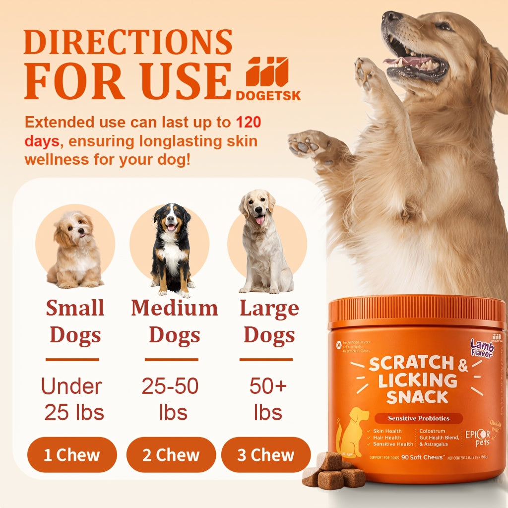 Sheep Flavor Dog Skin and Coat Supplement Chews, 90 Count Chewable Tablets with Listed Probiotics and Omega for Canine Care Routines