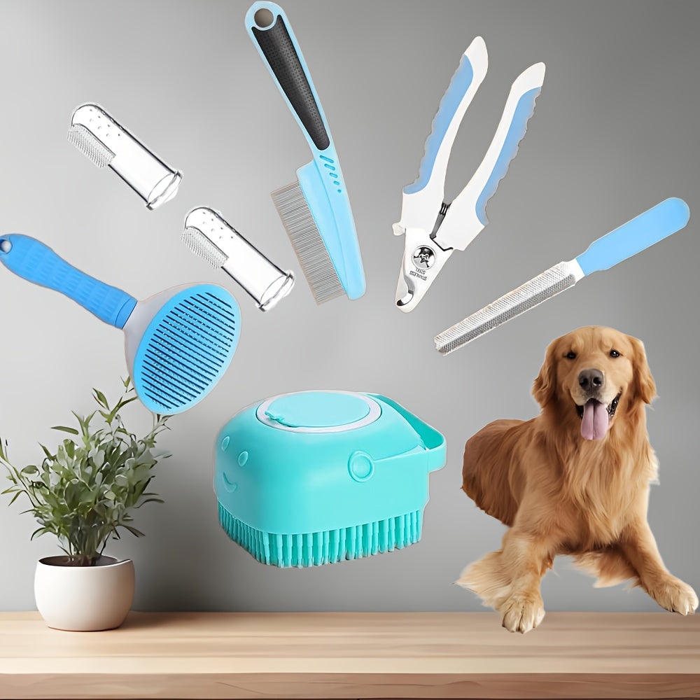 Dog Grooming Tool Set with Self-Cleaning Slicker Brush, Nail Clippers, Comb, Bath Brush and Finger Toothbrushes for At-Home Dog and Cat Care