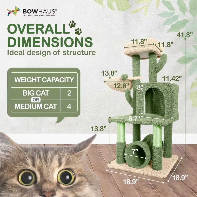 Cactus Cat Tower with Widened Perch and Scratching Posts, Multi-Level Indoor Cat Furniture in 37, 40, 58 or 70 Inch Size Options for Play and Rest