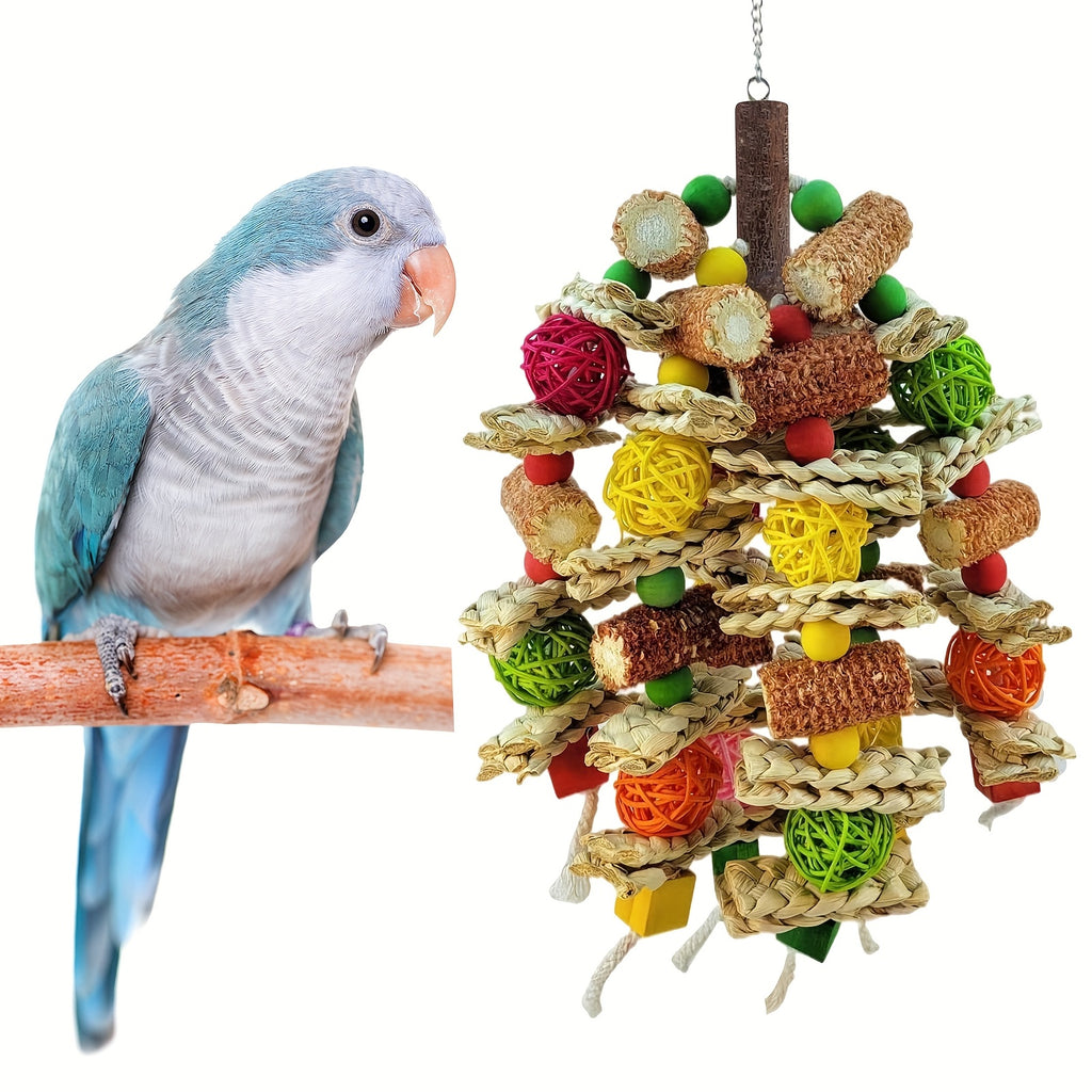 Bird Chew Toys with Natural Corn Cobs, Wooden Blocks and Rattan Balls for Parrot Enrichment, Supervised Cage and Aviary Play, 400g Option