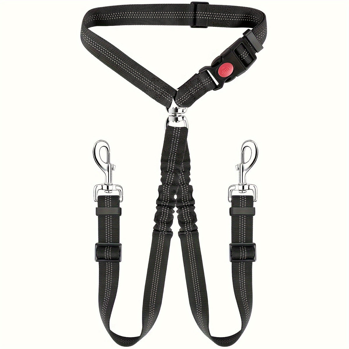 Dual Dog Car Seat Belt with Adjustable Headrest Loop, Two Bungee Tether Straps and Metal Clips for Two-Dog Travel in Red, Rose Red or Black