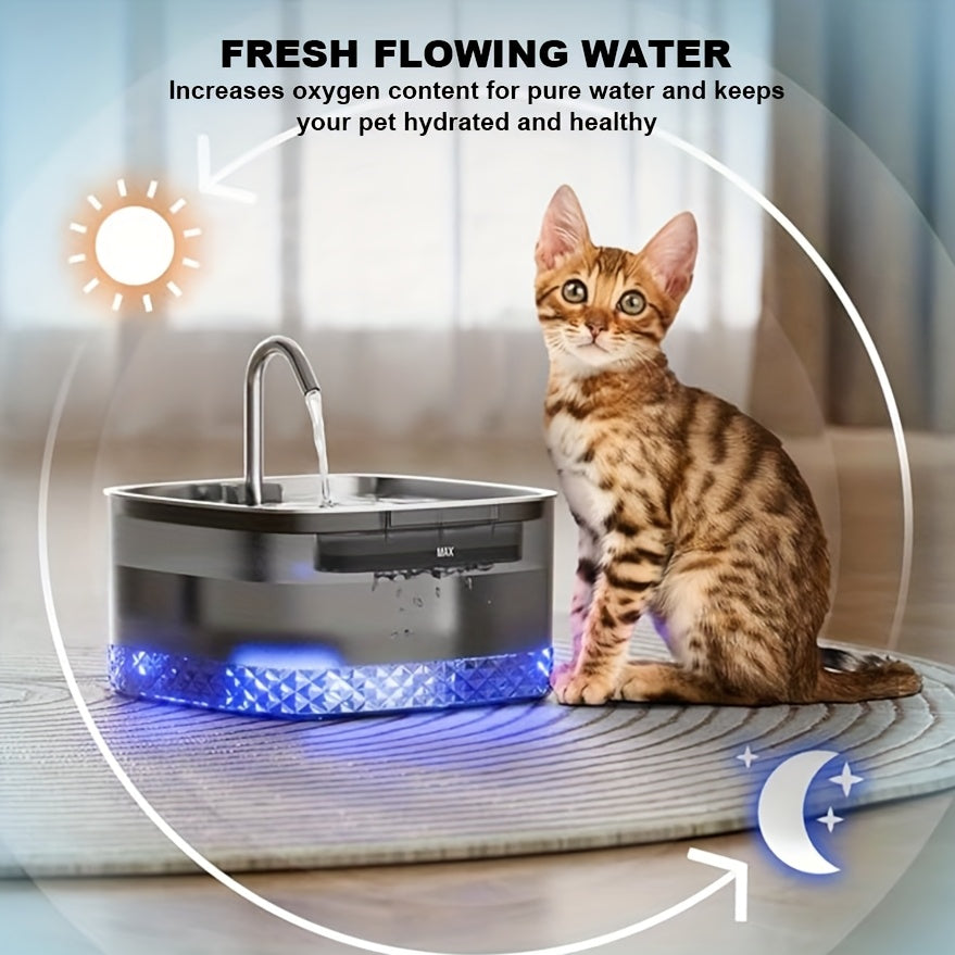 Cat Drinking Fountain 2.2L with Stainless Steel Lid and LED Light, Quiet Automatic Pet Water Dispenser for Indoor Cats and Small Dogs, Filter Bundle Options