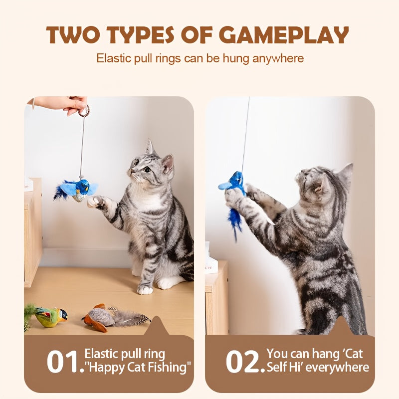 Bird Cat Toys with Touch-Activated Chirping, 2-Pack Plush Feather Birds with Built-In Catnip for Supervised Indoor Hunting Play, Random Colors