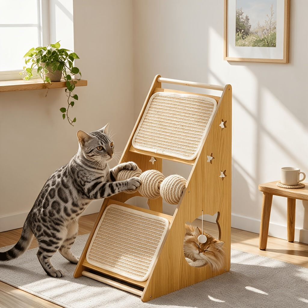 Vertical Cat Scratcher with Nest and 3 Sisal Balls, Wall-Mounting Cat Scratching Board for Indoor Cats, Style B Furniture for Rest and Play
