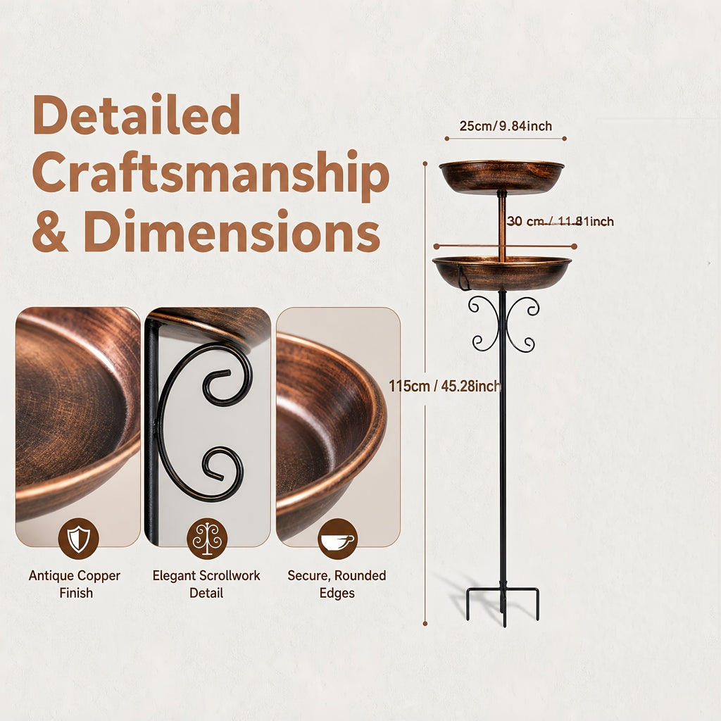 Bird Bath with Removable Metal Basin and Scrollwork Stand, Five-Prong Garden Stake for Outdoor Water or Seed, Single and Double-Layer Options