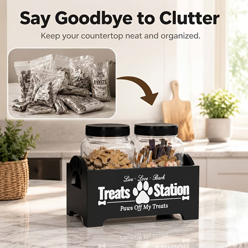 Dog Treat Container Set with Wooden Farmhouse Rack and 2 Plastic Snack Canisters, 3-Piece Pet Food Storage Organizer in Black or White for Home