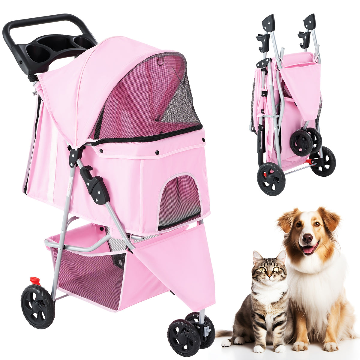 Pet Stroller with Swivel Front Wheel, Three-Wheel Foldable Dog and Cat Pushchair with Mesh Canopy, Storage Basket, Cup Holder and Weather Cover