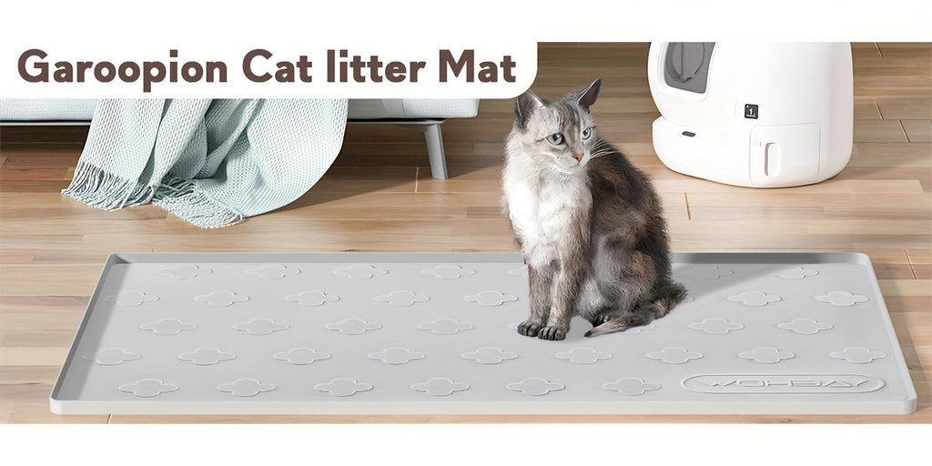 Silicone Cat Litter and Feeding Mat 34 x 22 Inches, 3-in-1 Washable Non-Slip Floor Protector with Raised Edges in Light Grey or Dark Gray