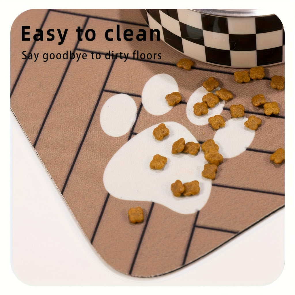 Paw Print Pet Feeding Mat, Light Gray 11.81 x 15.75 Inch Absorbent Non-Slip Bowl Pad with Herringbone Design for Dog and Cat Food and Water Stations
