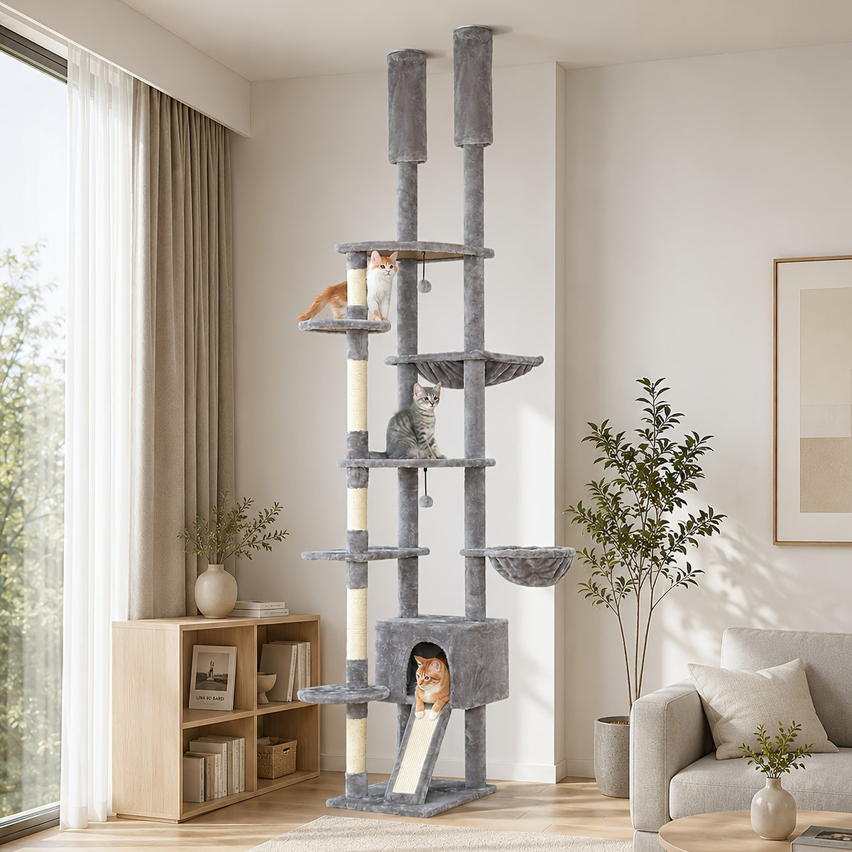 Adjustable Floor to Ceiling Cat Tree 90.5–100.4 Inches, Dual Top Support Indoor Tower with Condo, Hammocks, Climbing Platforms and Scratching Posts