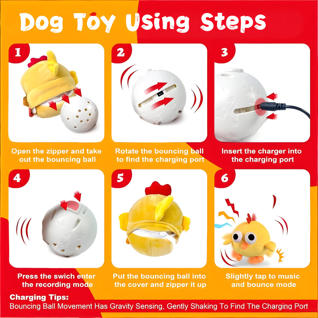 Interactive Plush Dog Toy with Bouncing Ball and Sound, USB Rechargeable Cartoon Animal Pet Toy for Supervised Indoor Chase and Play